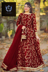 4 Piece Embroidered Top With Long Flare Embroidery Skirt And Four Side Border Embroidered Dupatta With Eidi Potli