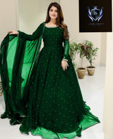 Front And Back Pearls With Lace Work Long Flare Maxi With dupatta