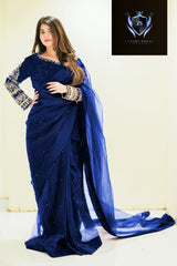Multi Sleeves Silk Blouse Embroidered With Petticoat And Pearls Attached Pleated Saree