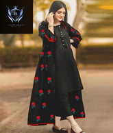 Rose 🌹Embroidered With Lace Work Long Gown With Inner Trouser 3Pcs