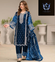 Neck,Sleeves Front Heavy Embroidered Shirt + hand work With Emb Trouser Dupatta 3Pcs