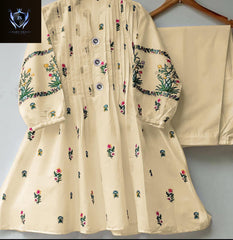 V Neck Embroidered Button Shirt With Trouser 2Piece