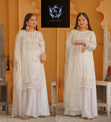 Front and Back Both Side Sequence Embroidered, with Pearls, Tussels Lace on Daman, Pearls Lace on Sleeves and Neck With Heavy Emb Dupatta 3PCs