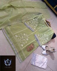 Sleeves, Shirt Embroidered with Lace Attached with Cotton Trouser 3PCs