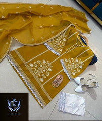 Sleeves, Shirt Embroidered with Lace Attached with Cotton Trouser 3PCs