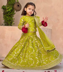 3Pcs Front Embroidered Top With Embroidered Skirt And Four Side Emb Dupatta Kids 3Pcs