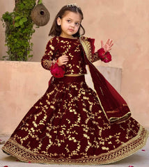 3Pcs Front Embroidered Top With Embroidered Skirt And Four Side Emb Dupatta Kids 3Pcs