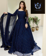 Front And Back Pearls With Lace Work Long Flare Maxi With dupatta