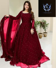 Front And Back Pearls With Lace Work Long Flare Maxi With dupatta
