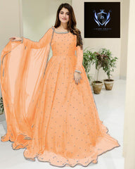 Front And Back Pearls With Lace Work Long Flare Maxi With dupatta