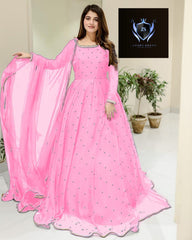 Front And Back Pearls With Lace Work Long Flare Maxi With dupatta