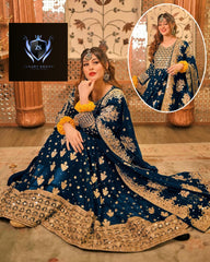 Front Crystal HandWork On Chest,Border With Heavy Embroidered Maxi,Dupatta And Trouser 3Pcs