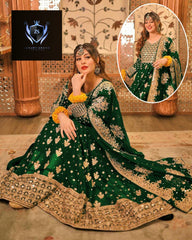 Front Crystal HandWork On Chest,Border With Heavy Embroidered Maxi,Dupatta And Trouser 3Pcs