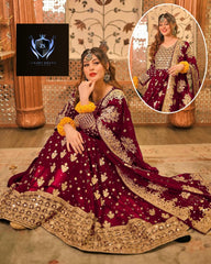 Front Crystal HandWork On Chest,Border With Heavy Embroidered Maxi,Dupatta And Trouser 3Pcs