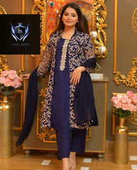 4Piece, Front Fully Embroidered Gown With Emb Inner, Plain Dupatta Trouser