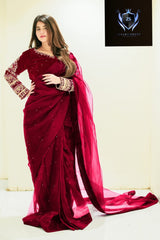 Multi Sleeves Silk Blouse Embroidered With Petticoat And Pearls Attached Pleated Saree