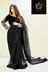 Multi Sleeves Silk Blouse Embroidered With Petticoat And Pearls Attached Pleated Saree