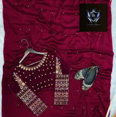 Multi Sleeves Silk Blouse Embroidered With Petticoat And Pearls Attached Pleated Saree