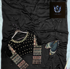 Multi Sleeves Silk Blouse Embroidered With Petticoat And Pearls Attached Pleated Saree