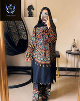 Front And Back Allover Digital Printed With Mirror Work Shirt And Printed Flapper 2Pcs