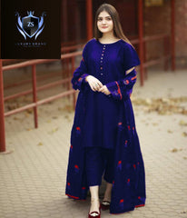 Rose 🌹Embroidered With Lace Work Long Gown With Inner Trouser 3Pcs