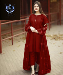 Rose 🌹Embroidered With Lace Work Long Gown With Inner Trouser 3Pcs