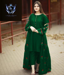Rose 🌹Embroidered With Lace Work Long Gown With Inner Trouser 3Pcs