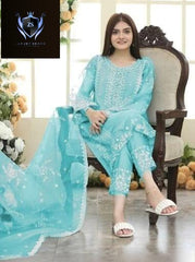 Neck,Sleeves Front Heavy Embroidered Shirt + hand work With Emb Trouser Dupatta 3Pcs