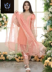 Neck,Sleeves Front Heavy Embroidered Shirt + hand work With Emb Trouser Dupatta 3Pcs