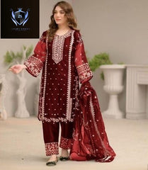 Neck,Sleeves Front Heavy Embroidered Shirt + hand work With Emb Trouser Dupatta 3Pcs