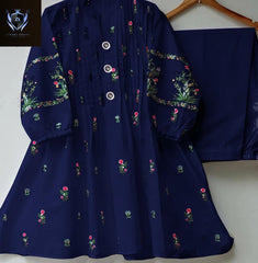 V Neck Embroidered Button Shirt With Trouser 2Piece