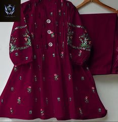 V Neck Embroidered Button Shirt With Trouser 2Piece