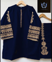 Sleeves Embroidered and front Lace Work with Embroidered Trouser 2PCs