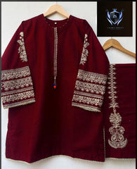 Sleeves Embroidered and front Lace Work with Embroidered Trouser 2PCs