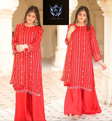 Front and Back Both Side Sequence Embroidered, with Pearls, Tussels Lace on Daman, Pearls Lace on Sleeves and Neck With Heavy Emb Dupatta 3PCs