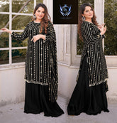 Front and Back Both Side Sequence Embroidered, with Pearls, Tussels Lace on Daman, Pearls Lace on Sleeves and Neck With Heavy Emb Dupatta 3PCs