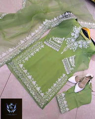 Neck, Sleeves Daman Embroidered with Embroidered Trouser and Dupatta 3PCs