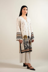 LONG CO-ORD SET 2pc Suit Most Trending Design Long Digital Printed Shirt With Bell Bottom Trouser
