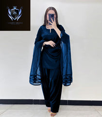 V Neck Plain Shirt With Long Flare 3 Yards Orignal Farshi Shalwar And Dupatta 3Pcs