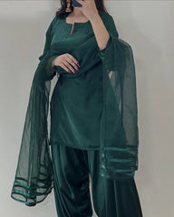 V Neck Plain Shirt With Long Flare 3 Yards Orignal Farshi Shalwar And Dupatta 3Pcs