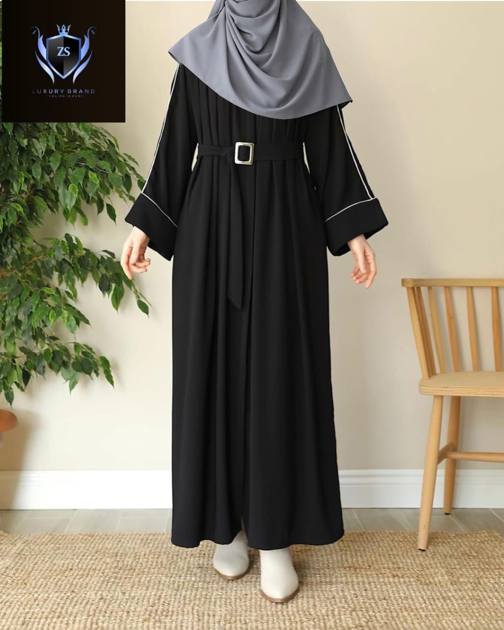 Front Platted Zip Piping Work On Sleeves And Seperate Belt Pocket Abaya With Stoller