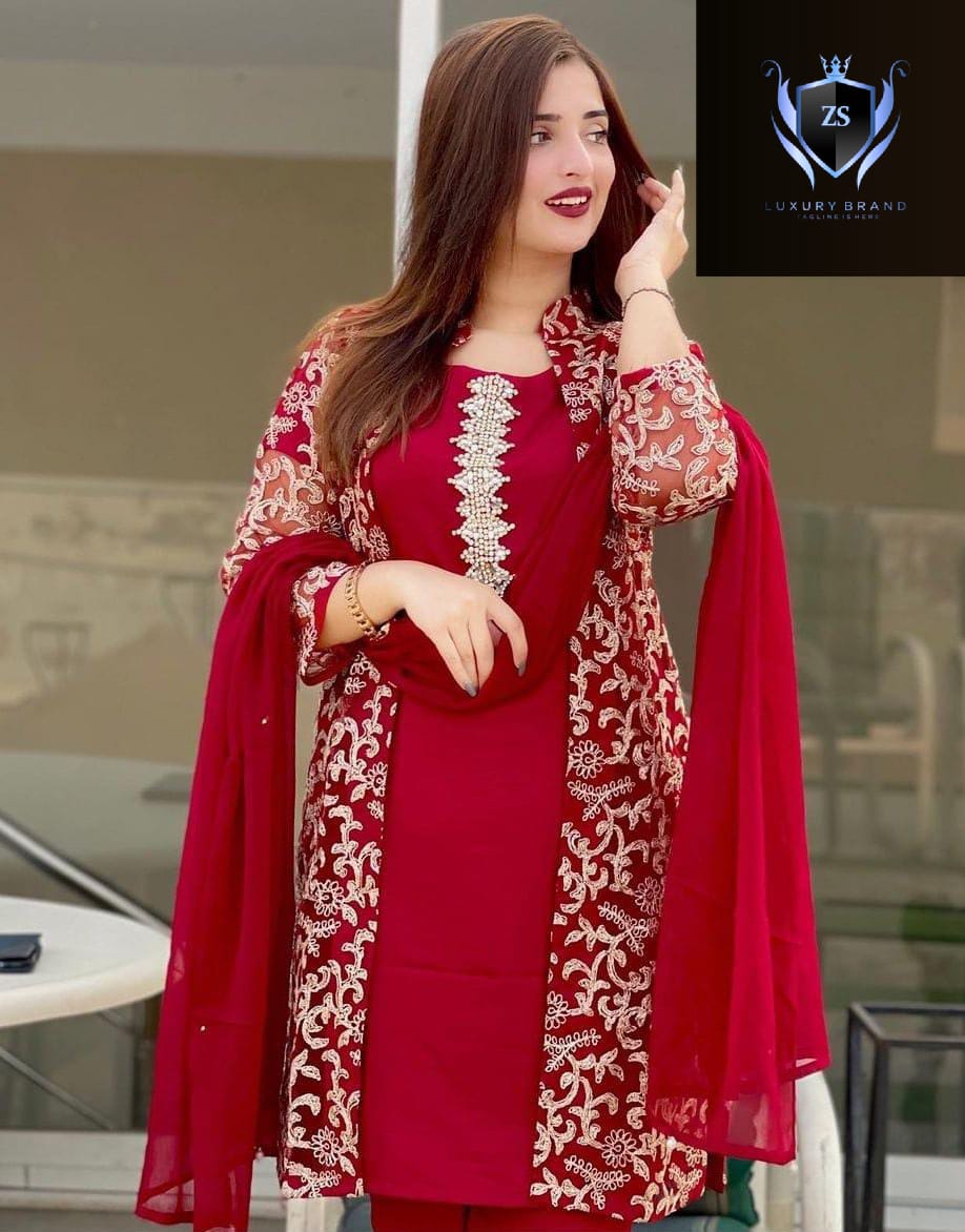 4Piece, Front Fully Embroidered Gown With Emb Inner, Plain Dupatta Trouser
