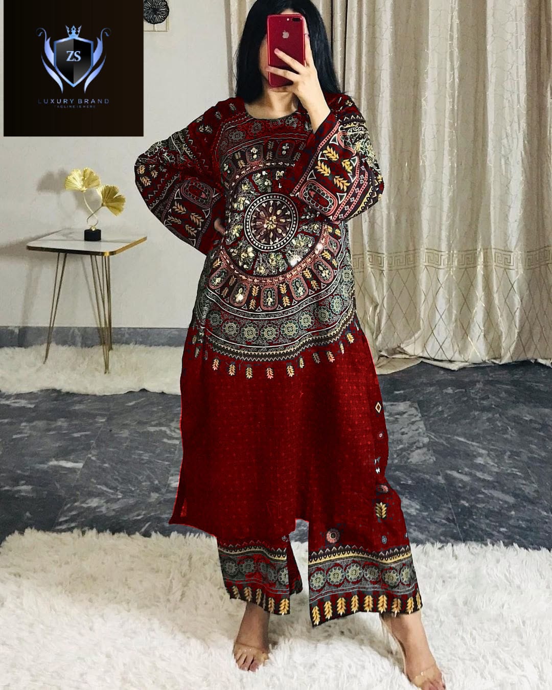 Front And Back Allover Digital Printed With Mirror Work Shirt And Printed Flapper 2Pcs