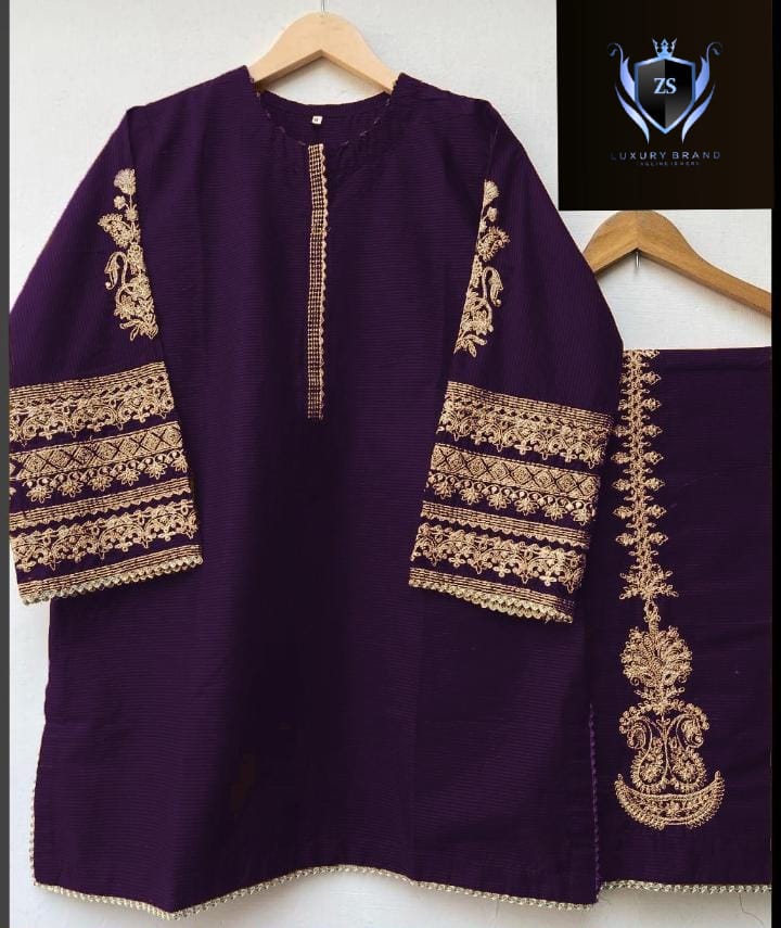 Sleeves Embroidered and front Lace Work with Embroidered Trouser 2PCs