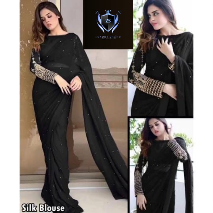Silk Sleeves Sequence Embroidery Blouse With Pettycoat And Pearls Attached Sareee