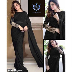 Silk Sleeves Sequence Embroidery Blouse With Pettycoat And Pearls Attached Sareee