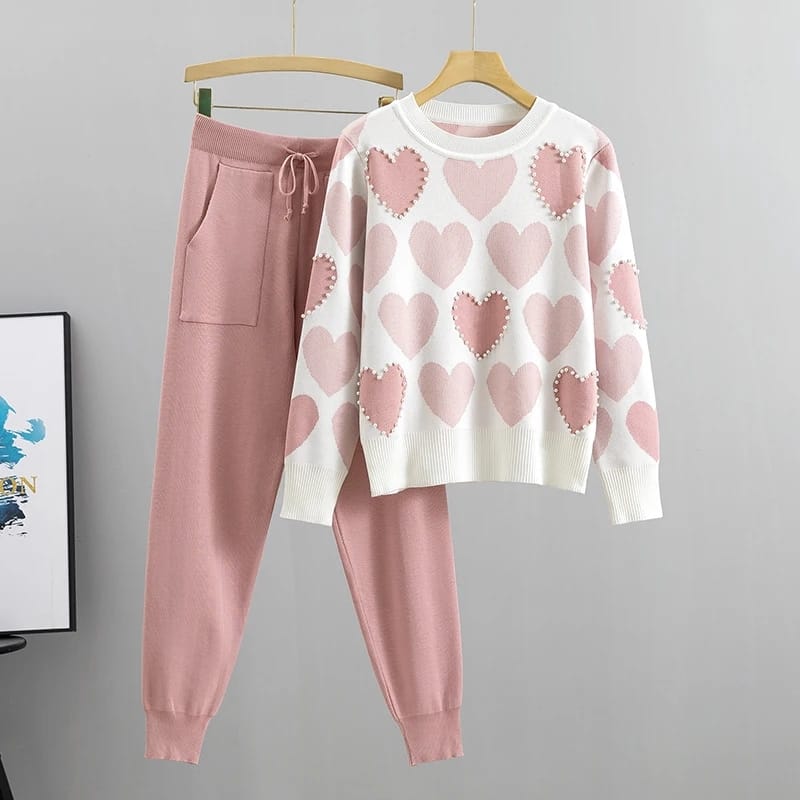 A.S Heart Printed Pearl's Work Style 2-Pcs Winter Tracksuit For Her.