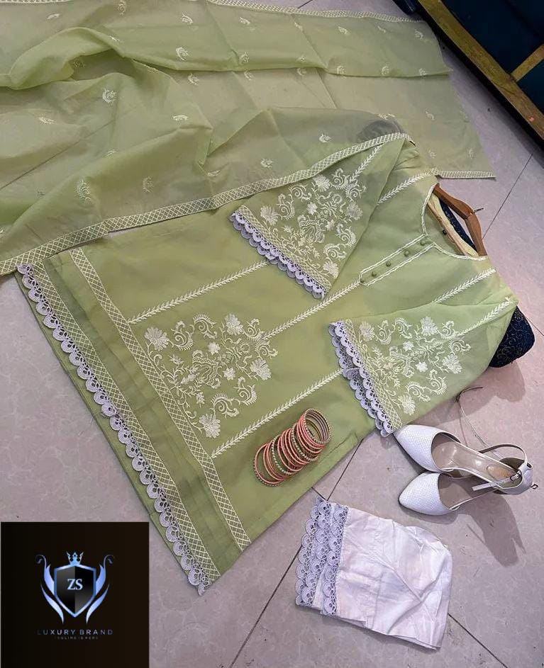 Sleeves, Shirt Embroidered with Lace Attached with Cotton Trouser 3PCs