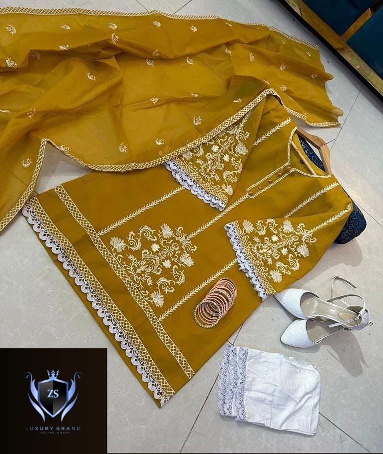 Sleeves, Shirt Embroidered with Lace Attached with Cotton Trouser 3PCs