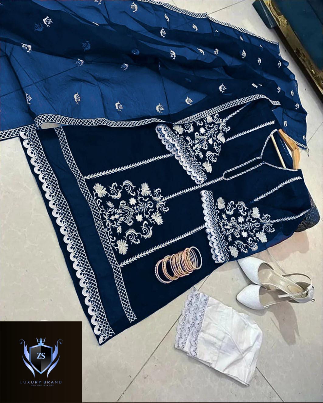 Sleeves, Shirt Embroidered with Lace Attached with Cotton Trouser 3PCs